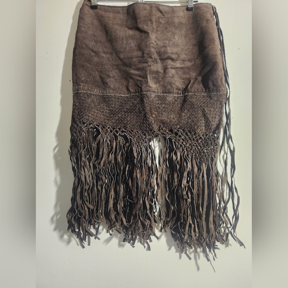 Bebe Brown Suede Leather Fringe Skirt